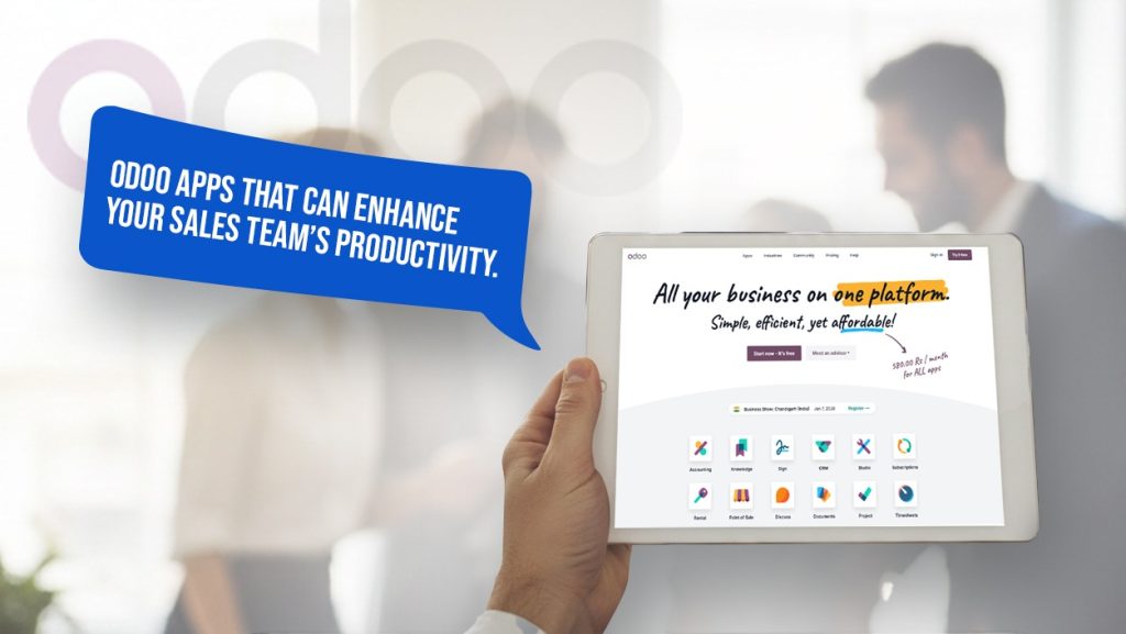 A graphic design by Akarigo , Odoo partner in the UK on the topic Odoo Apps that Can Enhance Your Sales Team’s Productivity.